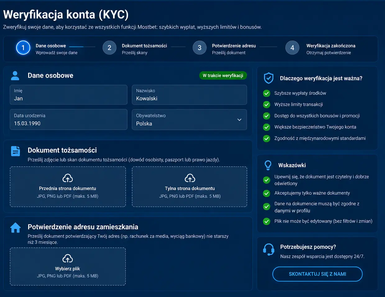 Sekcja weryfikacji KYC w panelu konta Mostbet