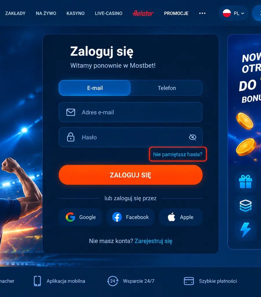 Strona logowania Mostbet z opcją odzyskiwania hasła