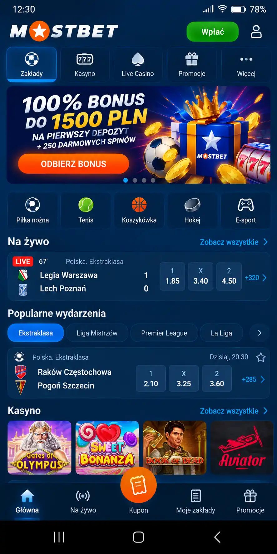Aplikacja mobilna Mostbet na smartfonie Android
