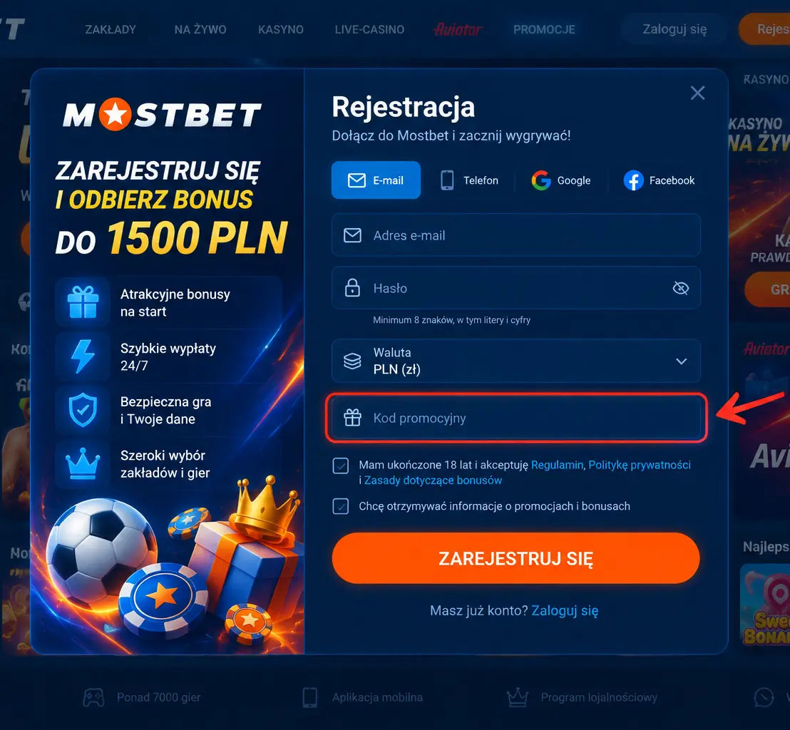 Formularz rejestracji Mostbet z polem na kod promocyjny