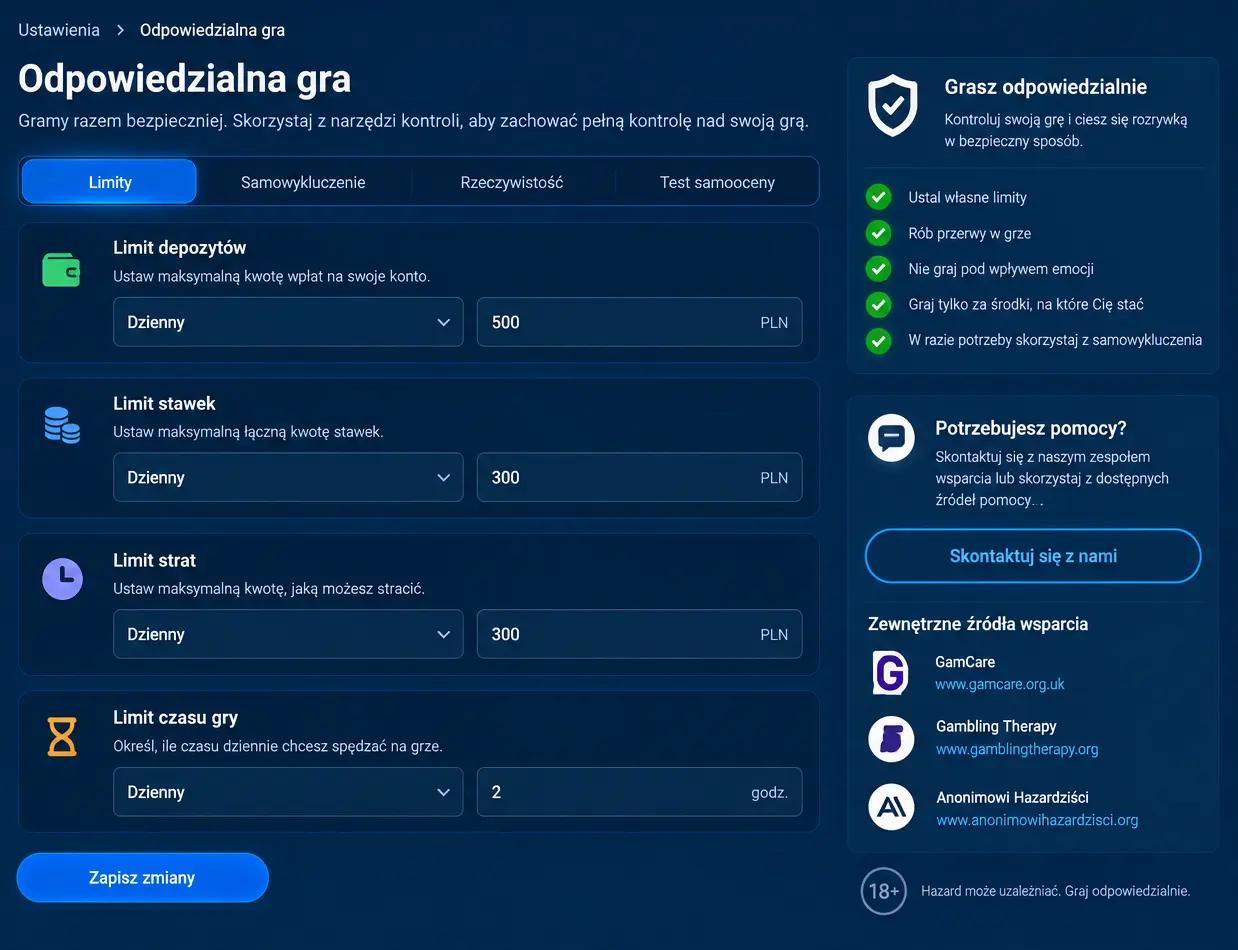 Narzędzia odpowiedzialnej gry w panelu konta Mostbet
